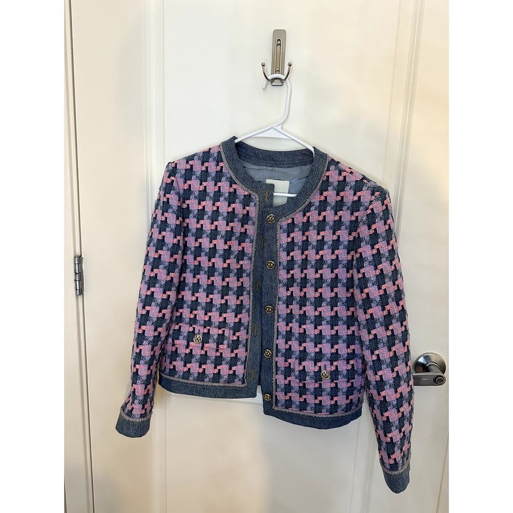 Sandro Multicolor Plaid Tweed Jacket with Denim Trim – Fits Like S/M